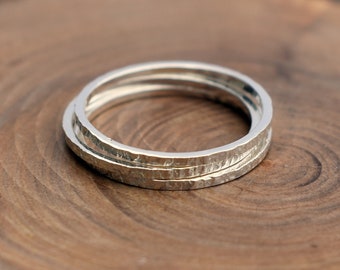 Skinny Woodgrain / Tree Bark Hammer Textured Stacking Ring Handmade in Recycled Sterling Silver - Thin Stackable Ring