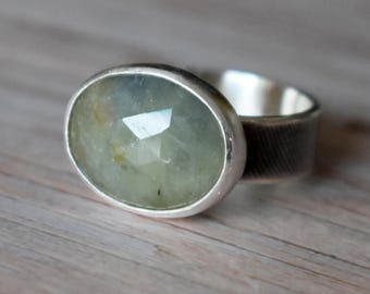 Rose Cut Sapphire Ring, Recycled Sterling Silver, Textured Band, UK Size O 1/2