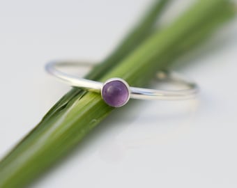 Tiny Amethyst Stacking Ring in Recycled Sterling Silver - February Birthstone Ring - Skinny Stackable Ring - 3mm Amethyst Ring - Gift