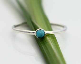 Tiny 3mm Turquoise Stacking Ring in Recycled Sterling Silver - December Birthstone Ring - Blue Stone Stackable Ring - Gift