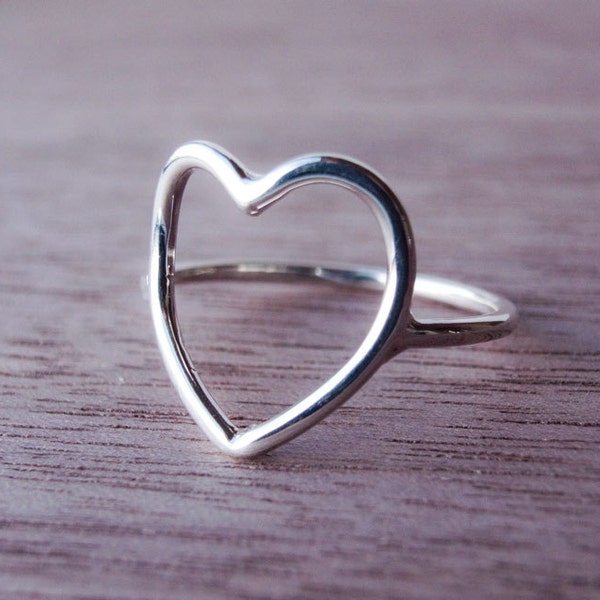 Bague coeur en argent sterling recyclé - Bague coeur ouvert - Bague en forme de coeur - Contour coeur - Grand Coeur - Saint-Valentin - Cadeau - Amour