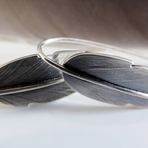 Feather Earrings in Recycled Sterling Silver Embossed Feather Drop Earrings Feather Dangle Earrings Gift image 2