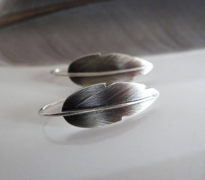 Feather Earrings in Recycled Sterling Silver Embossed Feather Drop Earrings Feather Dangle Earrings Gift image 4