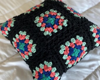 Black Granny Square Crochet Pillow