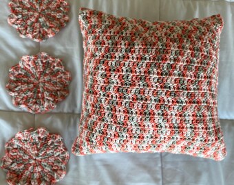 Crochet Pink Pillow and Coasters set