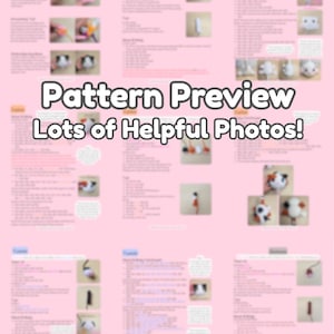 May include: A pink page with text and images, showcasing a pattern preview with helpful photos. The text includes instructions and the images show steps for a craft project, possibly crochet or amigurumi.