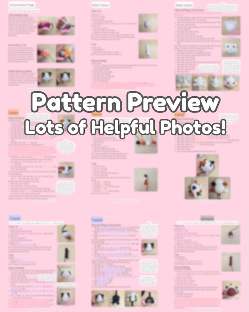 May include: A pink page with text and images, showcasing a pattern preview with helpful photos. The text includes instructions and the images show steps for a craft project, possibly crochet or amigurumi.