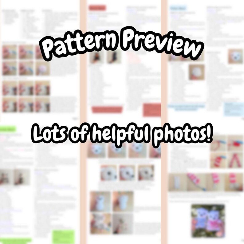 May include: A preview of a crochet pattern with the text "Pattern Preview" and "Lots of helpful photos!" The image shows several pages with detailed instructions and photos of the finished product.