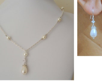 Teardrop Pearl and Rhinestone Bridal Necklace and Long Dangle Earrings