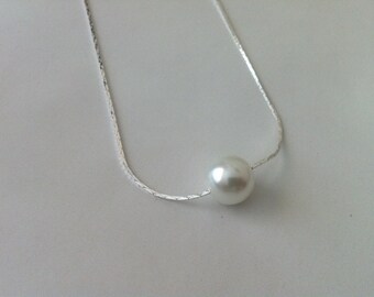 9 Floating Pearl Silver Bridesmaid Necklaces - Wedding Bridal Jewelry, Single Pearl Necklace, Bridal Necklaces, Wedding Jewelry