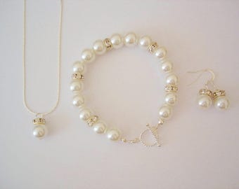 Glamour Luxury Bridal Jewelry Set,  Pearl Wedding Jewelry Set - Bracelet, Necklace and Earrings Pearl Set