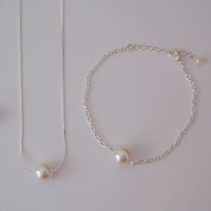3 Floating Pearl Necklace and Bracelet Gold Jewelry Sets, Bridesmaid Necklace Gift, Bridesmaid Bracelet Gift image 2
