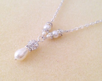 Bridal Y Necklace, Shorter Pearl Rhinestone Bridal Necklace, Bridal Y Style Necklace, Wedding Necklace, Ivory White