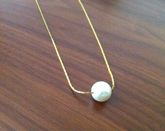 Floating Pearl Gold Necklace - Everyday, Bridal, Bridesmaid Pearl Necklace