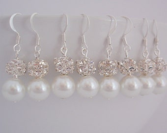 SALE: 7 Pairs Bridesmaid Gift Earrings, 7 Pairs Pearl and Rhinestone, Bridesmaid Pearl Earrings, Bridesmaid Gifts, Rhinestone Ball Earrings