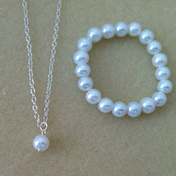 Flowergirl pearl pendant necklace and pearl bracelet gift set -  weddings, flowergirl jewelry