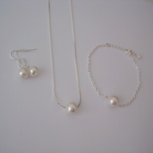 Set of 4 Floating Single Pearl Jewelry Sets, 4 Bridesmaid Necklace Earring and Bracelet Sets, 4 Pearl Sets image 2