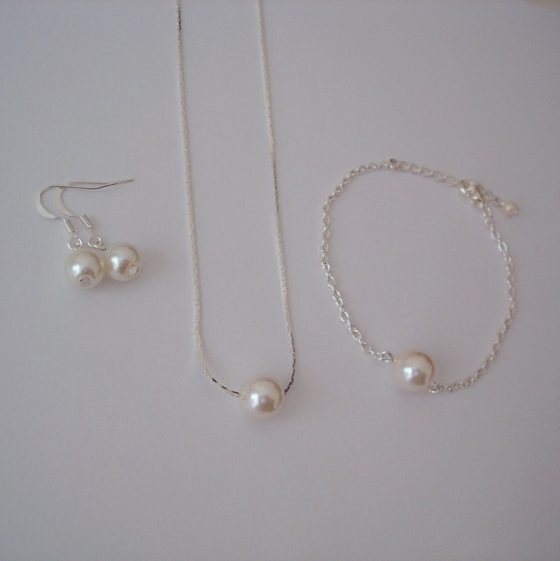 Set of 4 Floating Single Pearl Jewelry Sets, 4 Bridesmaid Necklace Earring and Bracelet Sets, 4 Pearl Sets image 2