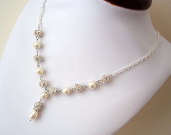 Wedding Necklace Pearl Rhinestone Bridal Necklace, Pearl Y Drop Necklace, Bridal Y Necklace-Ivory White Pearl-Pearl Bridal Jewelry