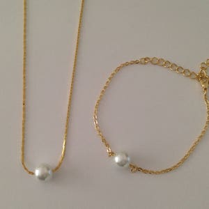 3 Floating Pearl Necklace and Bracelet Gold Jewelry Sets, Bridesmaid Necklace Gift, Bridesmaid Bracelet Gift image 1