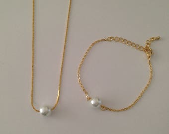 3 Floating Pearl Necklace and Bracelet Gold Jewelry Sets, Bridesmaid Necklace Gift, Bridesmaid Bracelet Gift