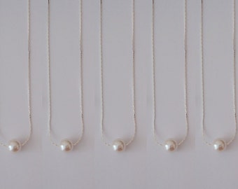 5 Floating Pearl Bridesmaid Gift Necklace - Floating Pearl Necklace, Single Pearl Necklace, Minimalist Pearl Necklace