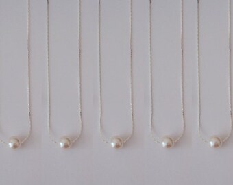 8 Floating Pearl Silver Bridesmaid Necklaces - Wedding Bridal Jewelry