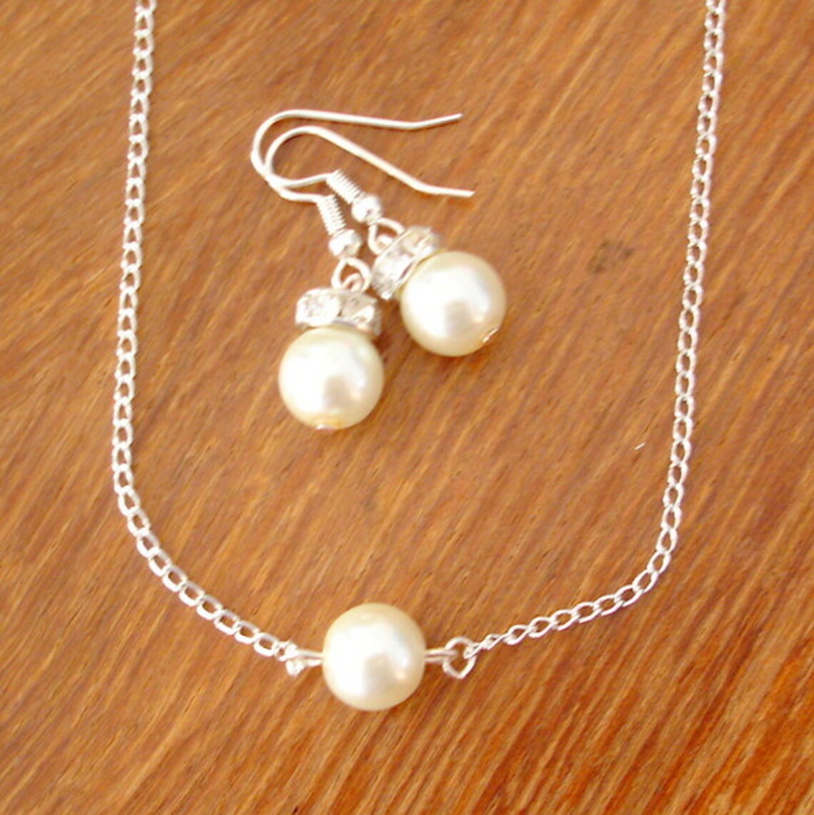 Single Floating Pearl Necklace and Earrings Set Bridesmaid Pearl