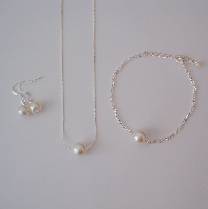 Set of 4 Floating Single Pearl Jewelry Sets, 4 Bridesmaid Necklace Earring and Bracelet Sets, 4 Pearl Sets image 1