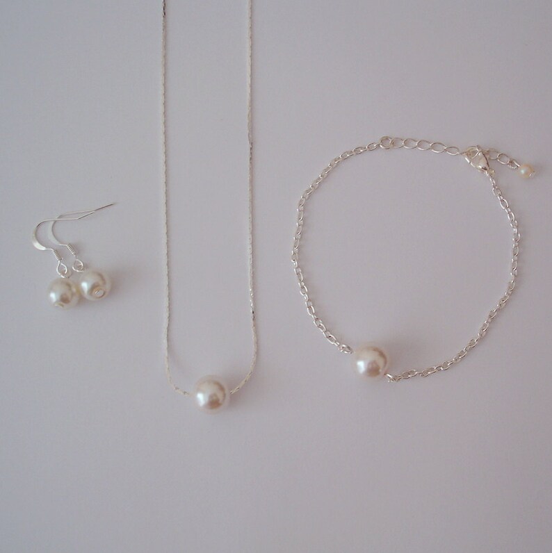 Minimal Bridal Jewelry Necklace Bracelet Earrings Necklace Bracelet Earrings Floating Single Pearl Jewelry Set