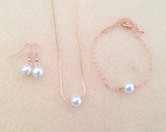 Set of 4 Rose Gold Floating Single Pearl Jewelry Set,  Bridesmaid Pearl Jewelry Set, Necklace Bracelet Earrings