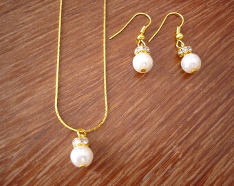 Single Pearl Necklace and Earrings Bridesmaid  Jewelry Set, Gold topped with Rondelle