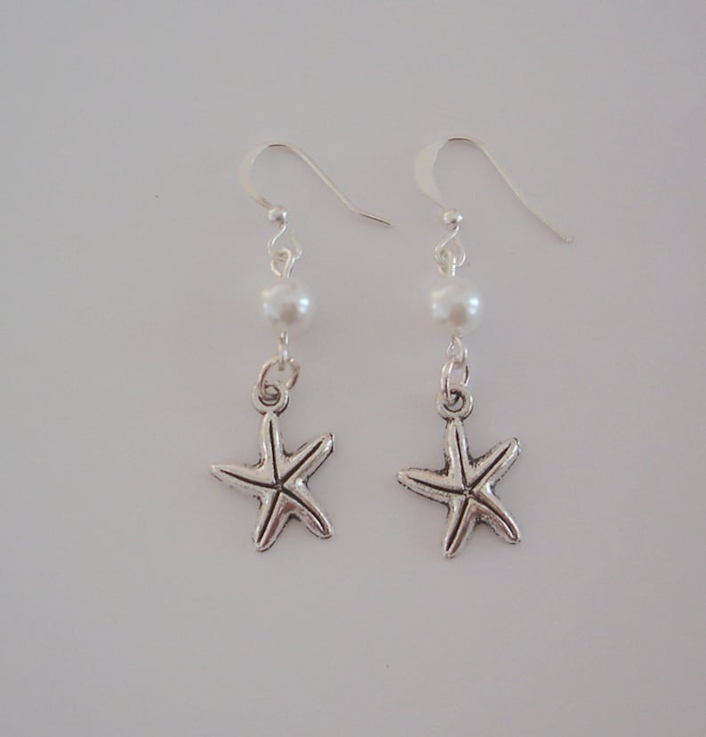 Bridesmaid Earrings, Starfish Earrings,White Pearls, Silver Starfish, Pearl & Starfish Earrings, Beach Nautical Wedding Earrings image 1
