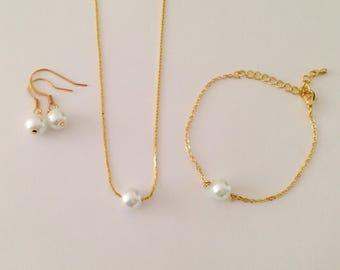 Gold Bridal Necklace Bracelet Earrings - Floating Single Pearl Jewelry Set,  Bridesmaid Pearl Jewelry Set, Necklace Bracelet Earrings