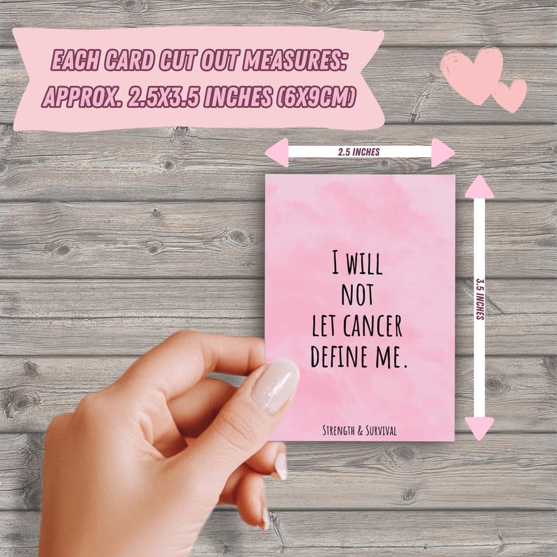 Puede incluir: Una tarjeta rosa con el texto "I WILL NOT LET CANCER DEFINE ME" y "STRENGTH & SURVIVAL". La tarjeta mide aproximadamente 6 cm x 9 cm.