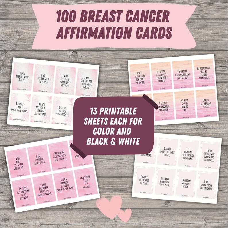 Puede incluir: Un conjunto de 100 tarjetas de afirmaci&oacute;n sobre el c&aacute;ncer de mama. Las tarjetas presentan afirmaciones positivas en un dise&ntilde;o rosa y blanco. La imagen tambi&eacute;n incluye una descripci&oacute;n de 13 hojas imprimibles en color y blanco y negro.