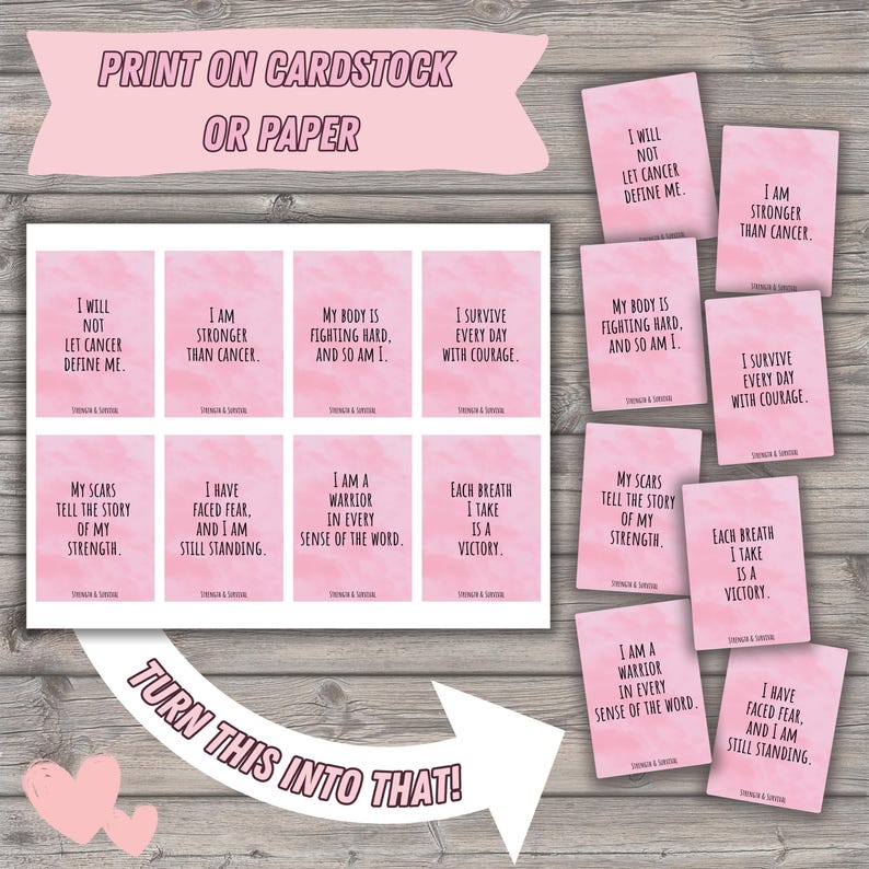 Puede incluir: Tarjetas rosas con citas inspiradoras en texto blanco, como "Soy m&aacute;s fuerte que el c&aacute;ncer". La imagen muestra las tarjetas antes y despu&eacute;s de cortarlas, listas para imprimir en cartulina o papel.