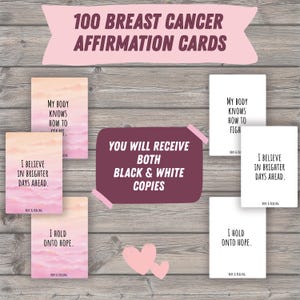 Puede incluir: Un conjunto de 100 tarjetas de afirmaci&oacute;n sobre el c&aacute;ncer de mama, disponibles en blanco y negro. Las tarjetas presentan frases inspiradoras como "Creo en d&iacute;as mejores" y "Me aferro a la esperanza". Las tarjetas tienen un fondo degradado rosa y melocot&oacute;n.