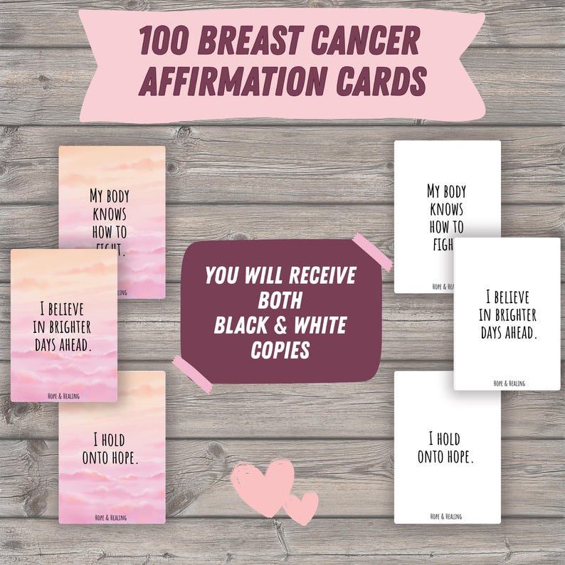 Puede incluir: Un conjunto de 100 tarjetas de afirmaci&oacute;n sobre el c&aacute;ncer de mama, disponibles en blanco y negro. Las tarjetas presentan frases inspiradoras como "Creo en d&iacute;as mejores" y "Me aferro a la esperanza". Las tarjetas tienen un fondo degradado rosa y melocot&oacute;n.