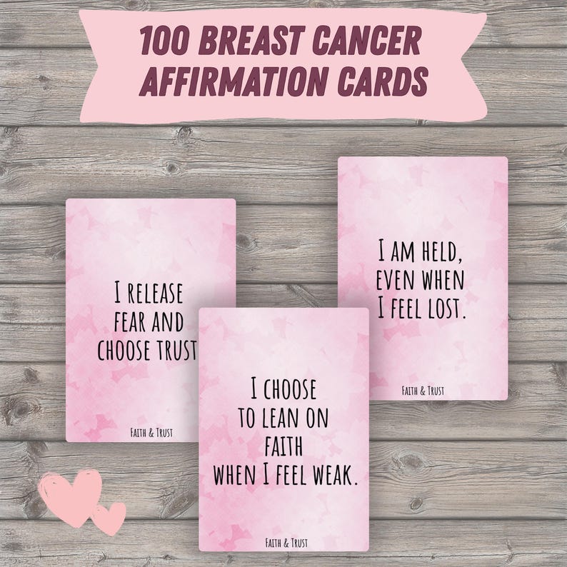 Puede incluir: Tarjetas de afirmaci&oacute;n rosas con citas inspiradoras, incluyendo "Libero el miedo y elijo la confianza" y "Elijo apoyarme en la fe cuando me siento d&eacute;bil." Para el apoyo al c&aacute;ncer de mama.