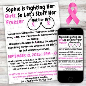 Funny Breast Cancer Freezer Meal Drop-Off Invitation | Editable Canva Template | 5x7 Printable | Made by Survivor | Chemo Support