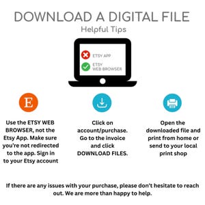 Puede incluir: Un gr&aacute;fico con instrucciones para descargar un archivo digital de Etsy. Presenta un icono de port&aacute;til con una marca de verificaci&oacute;n y una X, junto con iconos para Etsy, la descarga y la impresi&oacute;n. El texto incluye "Descargar un archivo digital".