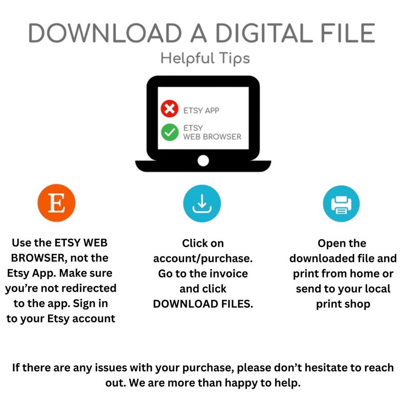Puede incluir: Un gr&aacute;fico con instrucciones para descargar un archivo digital de Etsy. Presenta un icono de port&aacute;til con una marca de verificaci&oacute;n y una X, junto con iconos para Etsy, la descarga y la impresi&oacute;n. El texto incluye "Descargar un archivo digital".