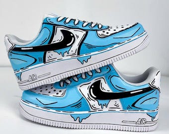 Custom Air Force 1: Hand-Painted Blue Cartoon Drip Sneakers