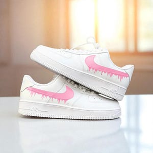 Hand-Painted Drip Air Force 1 Sneakers: Custom Light Pink Swoosh