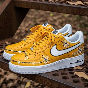 Custom Hand-Painted Yellow Atomic Air Force 1 Sneakers: Science Drip Design