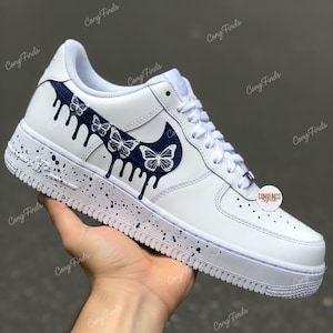 Hand-Painted Navy Butterfly Drip Air Force 1 Sneakers: Custom AF1 Shoes