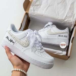 Custom Bride and Groom Pearl AF1 - Wedding Sneakers for Couples - Air Force 1 White Wedding Bling Sneakers - Custom Name & Date