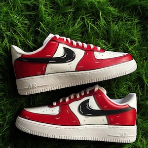 Tênis Air Force 1 vermelho personalizado com desenho animado, tênis AF1 vermelho personalizado pintado à mão, tênis pintado à mão, sapatos personalizados