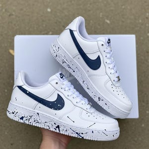 Custom Navy Blue Splatter Air Force 1 Sneakers, Hand Painted AF1 Shoes, Minimal Streetwear Gift For Him Her, Personalized Custom Design